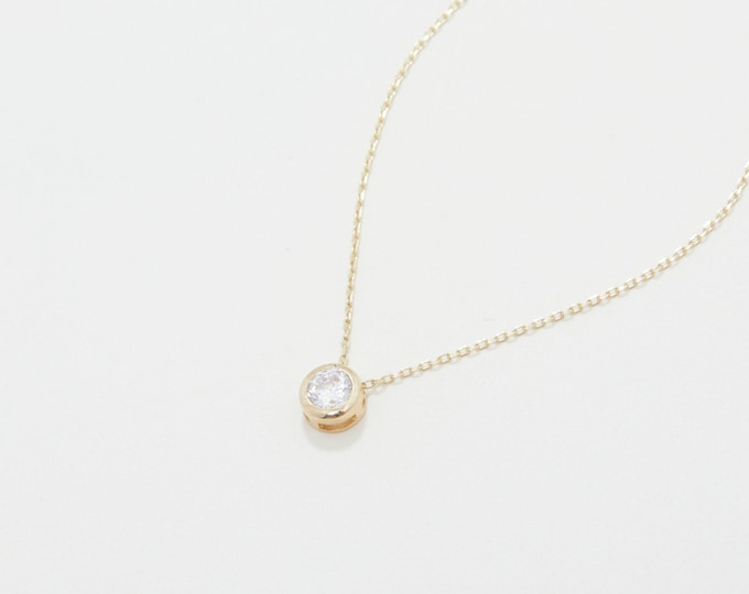 Round Solitaire Pendant Necklace, 14K Gold CZ Bezel Diamond Necklace, Dainty Necklace, Modern Handmade Jewelry, Necklace for women