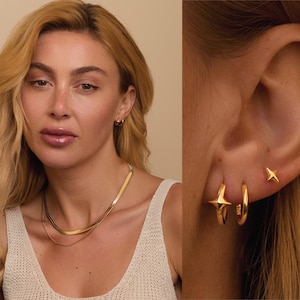14K Gold Earring Set, Star Hoop Earrings with Star Studs, Ear Stack, Minimalist Gift for Her, Gold Plated Dainty Handmade Earrings