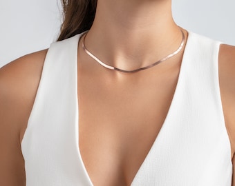 Herringbone Chain, Snake Chain Necklace, Flat Snake Chain Choker, Herringbone Necklace, , 14K Gold Necklace, Jewelry for Women, Choker Chain
