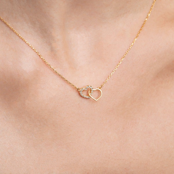 14K Solid Gold Pave Double Heart Necklace, 14K Double Heart Necklace, 10K Double Heart Necklace, 8K Double Heart Necklace, Handmade Jewelry