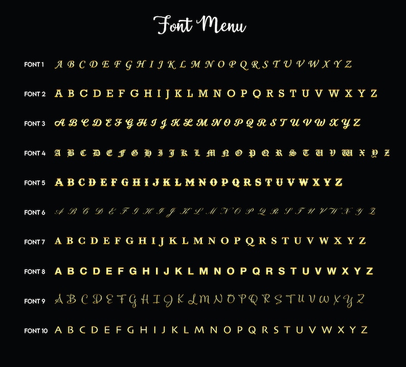 Puede incluir: Una imagen en blanco y negro que muestra diez estilos de fuente diferentes etiquetados como "Fuente 1" a "Fuente 10". Cada estilo de fuente muestra el alfabeto en letras may&uacute;sculas.