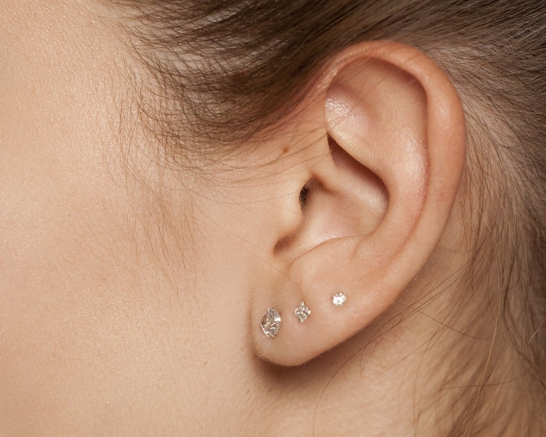 14K Solid Gold Stud Earring, Studs, Diamond Stud Earrings, Minimalist Dainty Earrings, CZ Stud Earrings, Screw Flat Back Earring, Tiny Round image 3