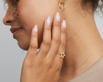 Star Pave Diamond Ring, 14K Solid Gold Star Pave Diamond