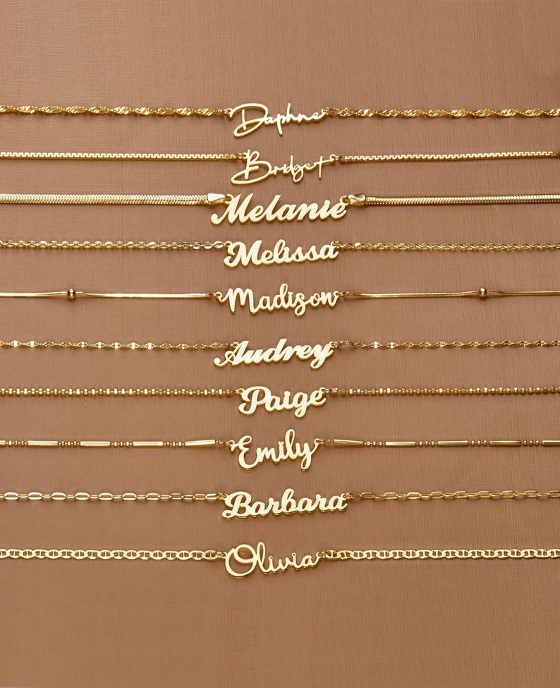 Ten gold name necklaces