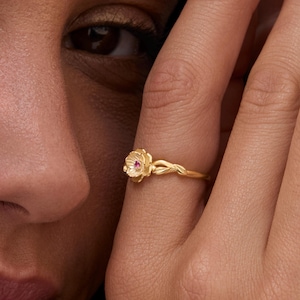 14K Gold Birth Flower Ring, Dainty Birth Flower Ring for Women with Birth Stone, Personalized Gifts, Minimalist, Birthday Gift, Gift for Her