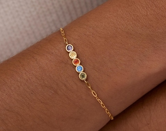 14K Gold Round Birthstone Bracelet, Personalized Family Birthstone Jewelry, Sterling Silver Gemstone Bracelet, Multi-Birthstone Gift for Her