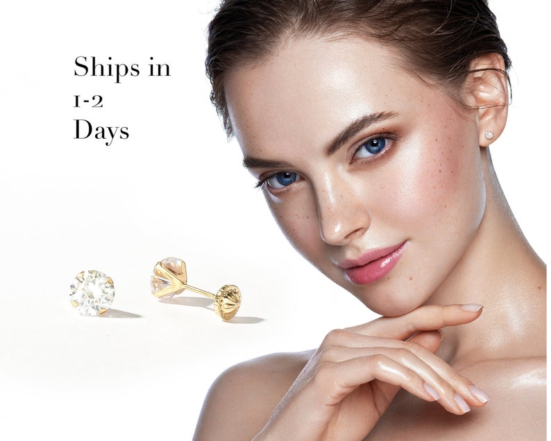 14K Solid Gold Stud Earring, Studs, Diamond Stud Earrings, Minimalist Dainty Earrings, CZ Stud Earrings, Screw Flat Back Earring, Tiny Round image 2