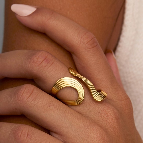 18K Gold Stackable Ring - Adjustable Minimalist Handmade Statement Ring for Women, Gift for Her, Dainty Modern Jewelry Hypoallergenic Ring