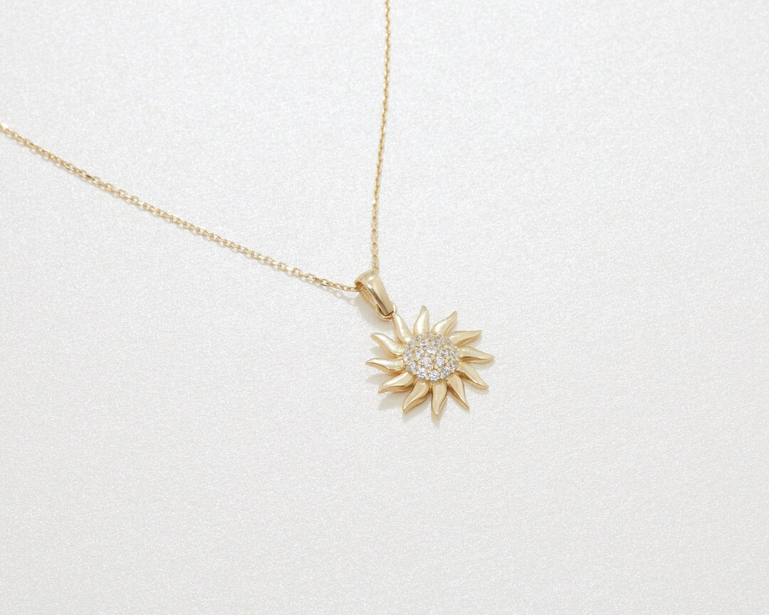 Sun Necklace, 14K Solid Gold Sun Necklace, Diamond CZ Sun Necklace