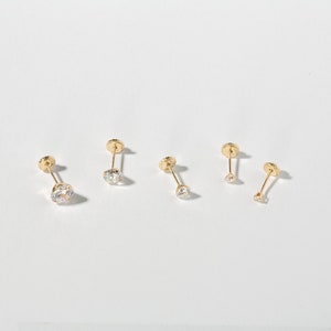 14K Solid Gold Stud Earring, Studs, Diamond Stud Earrings, Minimalist Dainty Earrings, CZ Stud Earrings, Screw Flat Back Earring, Tiny Round image 8