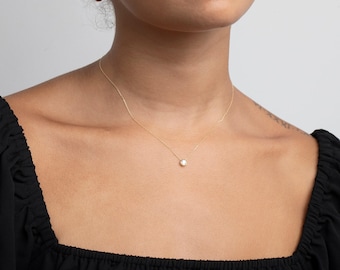 GOLD Solitär Anhänger Halskette, 14K Solid Gold Cz Diamant Halskette, Zierliche Halskette, Minimalistisch, Handgemachter Schmuck, Halskette für Frauen