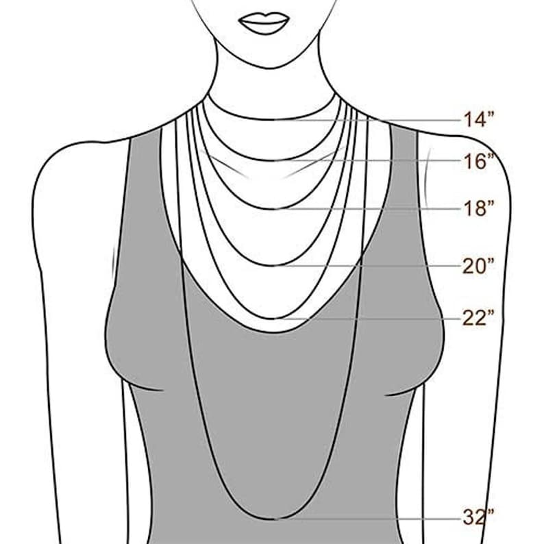 May include: A line drawing of a person wearing a variety of necklaces, showing different lengths from 14 inches to 32 inches.
