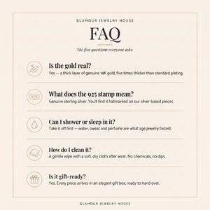 a series of questions and answers related to jewelry, specifically focusing on gold and silver pieces. The questions cover topics such as the authenticity of gold, the meaning of a 925 stamp, showering and sleeping habits, cleaning methods, and the presentation of jewelry as a gift.