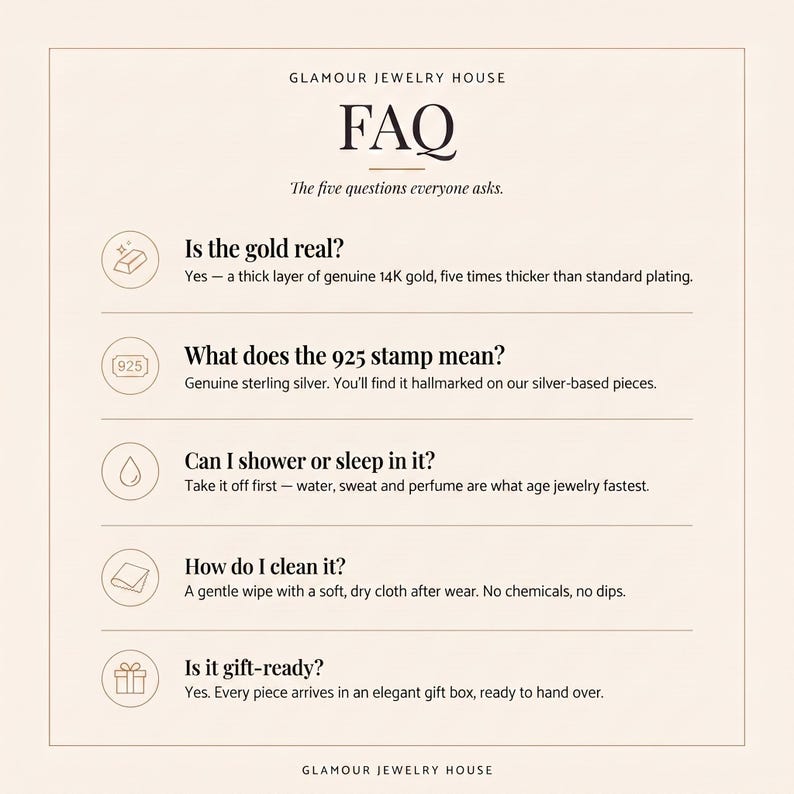 a series of questions and answers related to jewelry, specifically focusing on gold and silver pieces. The questions cover topics such as the authenticity of gold, the meaning of a 925 stamp, showering and sleeping habits, cleaning methods, and the presentation of jewelry as a gift.