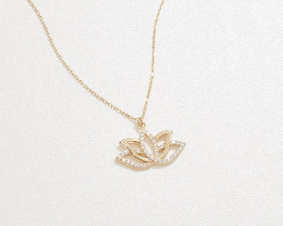 Lotus Flower Necklace 14K REAL GOLD Lotus Pendant Necklace Gift