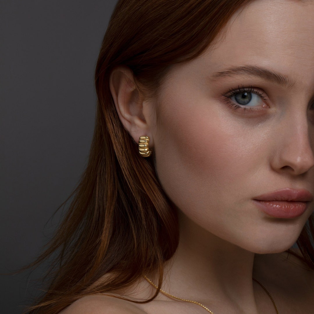 Trendy Croissant Hinged Hoop Earrings, 14K Solid Gold Croissant Hinged