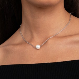 Silver Single Pearl Necklace | Minimalist Pearl Jewelry | Elegant Classic Necklace | Timeless Everyday Accessory, Dainty Necklace for Women