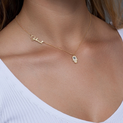 Collier prénom Hamsa, collier initial pendentif mauvais œil, collier initial breloque main Hamsa, collier personnalisé, bijoux minimalistes, femme