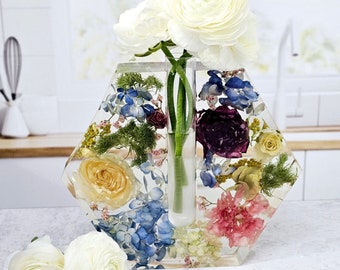 7” Preserved Flower Hexagon Bud Vase, Bouquet Preservation, Dried Flower Preservation