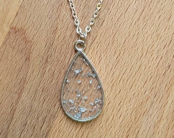 Modern necklace pendant resin necklace with silver leaf silver teardrop pendant gift for her