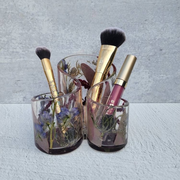 CUSTOM Makeup Brush Holder, YOUR Preserved Flowers in a Pen Holder, Bouquet Flower Brush Holder, Countertop Brush Dish