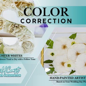 May include: An advertisement for flower preservation services. The image features a clear resin letter "S" filled with preserved white roses, and a framed display of white flowers. Text includes "Color Correction," "Brighter Whites," and "Hand-Painted Artistry."
