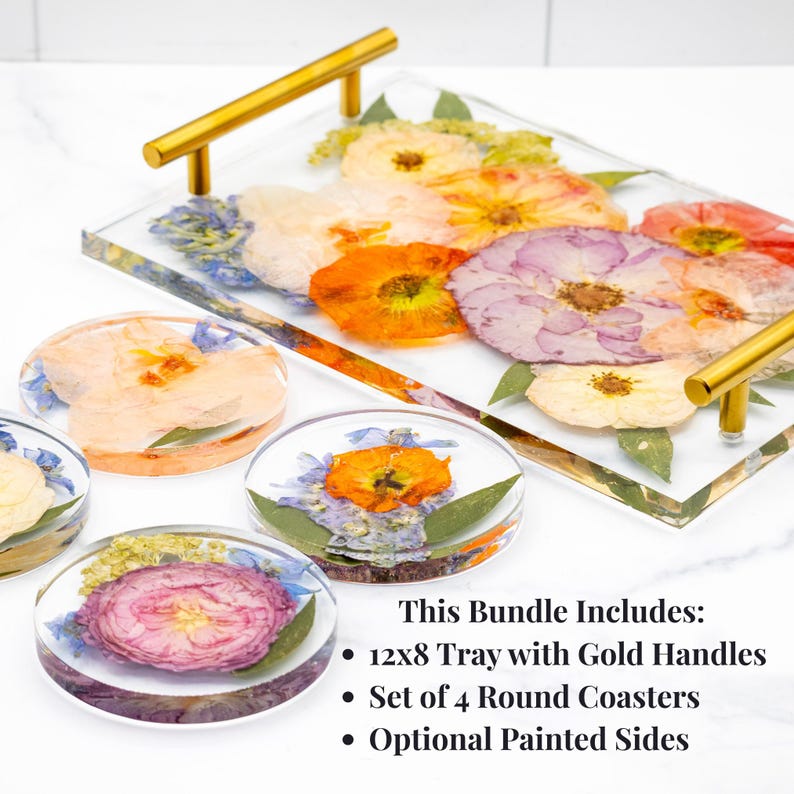 Wedding Flower Preservation Resin Flower Tray and Coasters Bridal Bouquet Preservation Serving Set Preserved Flower Wedding Gift for Couple