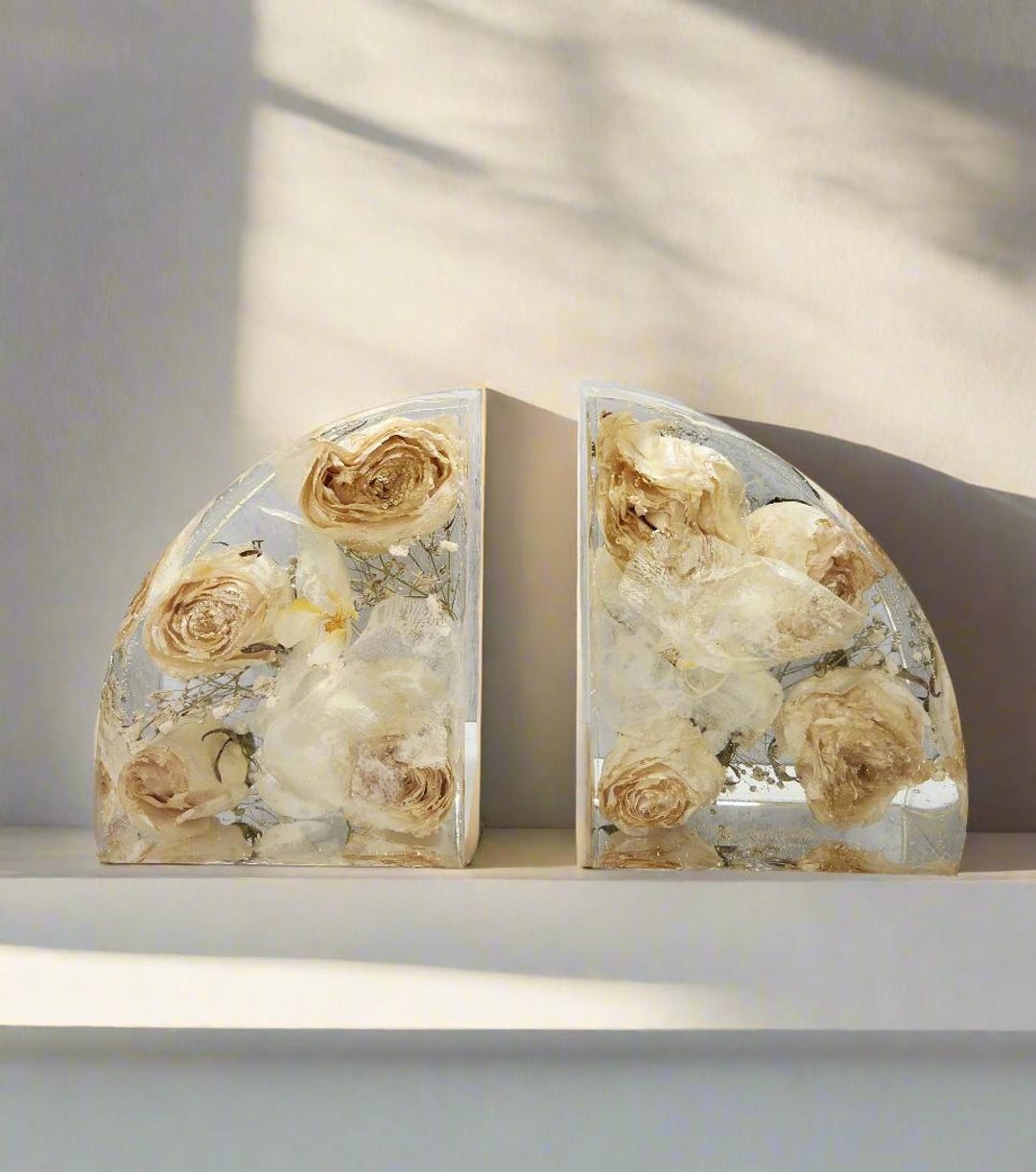 Resin Bookend Wedding Bouquet Preservation Floral Book Ends Preserved Flower in Clear Acrylic Bookend Bridal Shower Gift Idea for Bridesmaid - Set of 2 Bookends, No Text Added