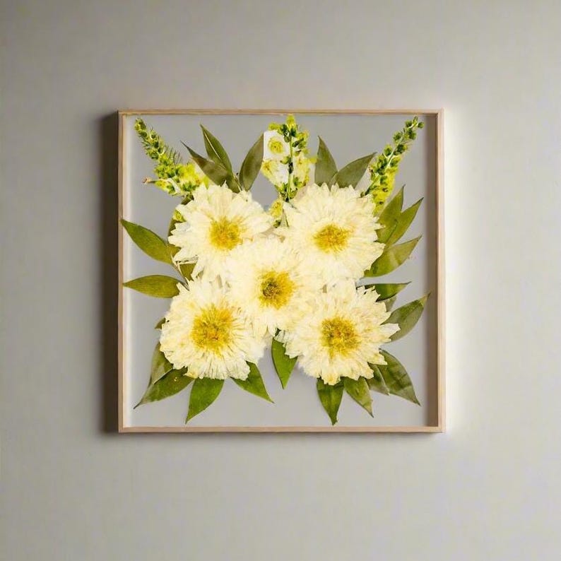 Pressed Flower Frame Square Wedding Bouquet Preservation Floating Frame White Dahlia Preserved