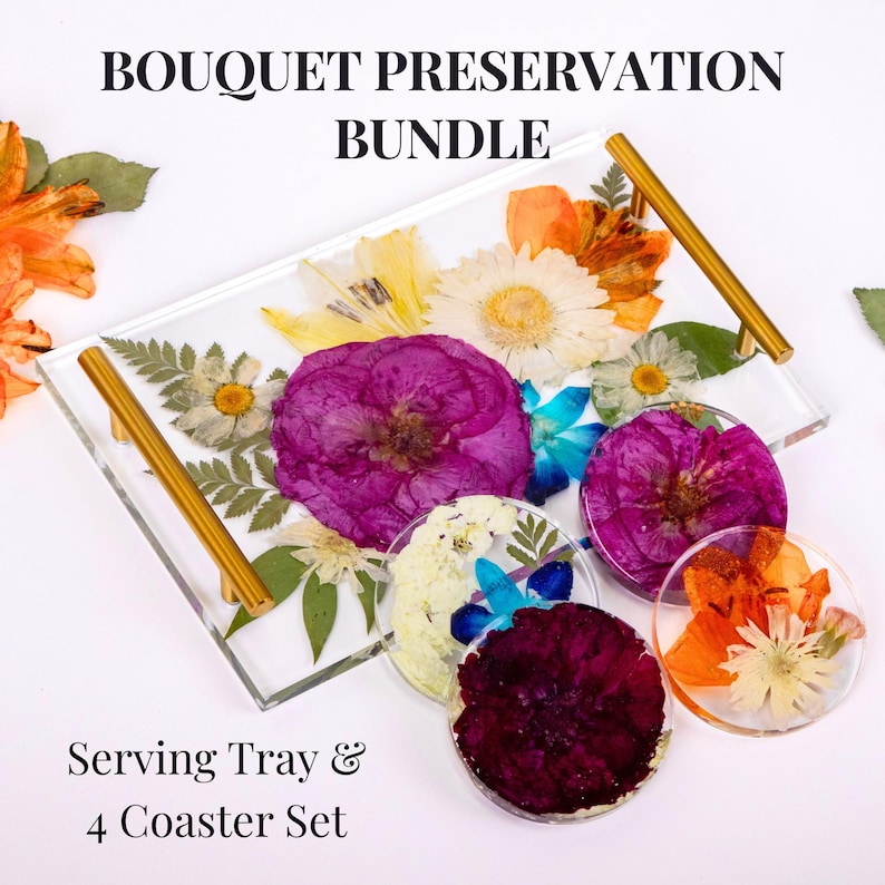 Wedding Flower Preservation Resin Flower Tray and Coasters Bridal Bouquet Preservation Serving Set Preserved Flower Wedding Gift for Couple