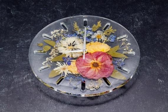 Funeral Flower Keepsake Resin Clock Dried Flower Art Pressed Flower Clock Preserved Memorial Flower Preservation Resin Flower Wall Clock
