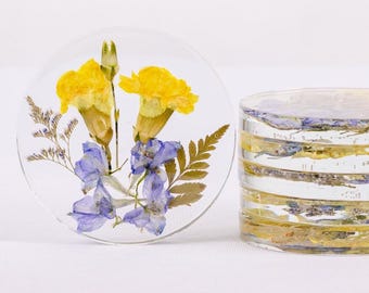 Preserve Flowers from Funeral Resin Coaster Set Dried Flower Keepsake Memorial Flower Preservation Gift Idea Pressed Bouquet Epoxy Coaster