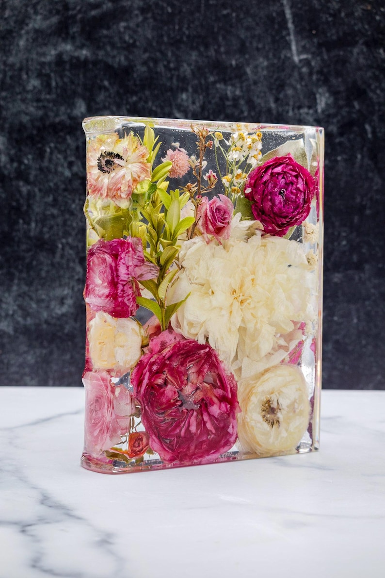 Wedding Bouquet Preservation Custom Flower Book Block Bouquet Preservation Keepsake Resin Floral Bookend Wedding Gift Resin Book Holder image 8