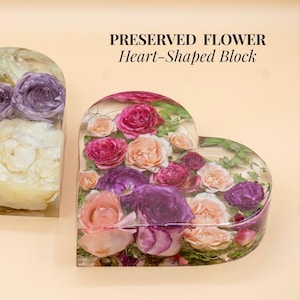 Resin Dried Flower Heart Keepsake Bouquet Preservation Anniversary Flower Memory Gift Custom Preserved Flower Heart Bookend or Counter Decor