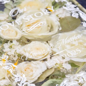 Love Story Text in White on Bouquet Preservation Block made of Epoxy resin