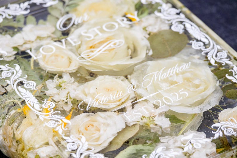 Love Story Text in White on Bouquet Preservation Block made of Epoxy resin