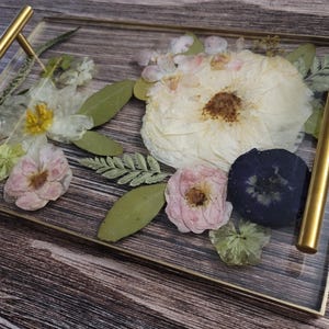 Serving tray with gold handles on a wood background Preserved Flower Wedding Gift for Couple