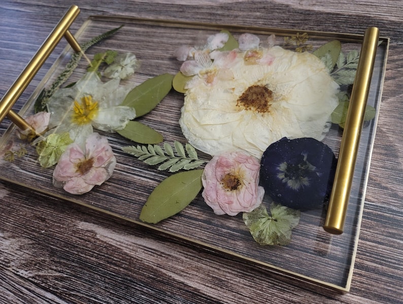 Serving tray with gold handles on a wood background Preserved Flower Wedding Gift for Couple