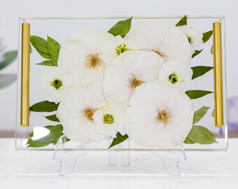 White Flower Preservation Resin Tray Preserved Flower Bouquet Preservation White Rose Pressed Flower Serving Tray Wedding Gift from Family