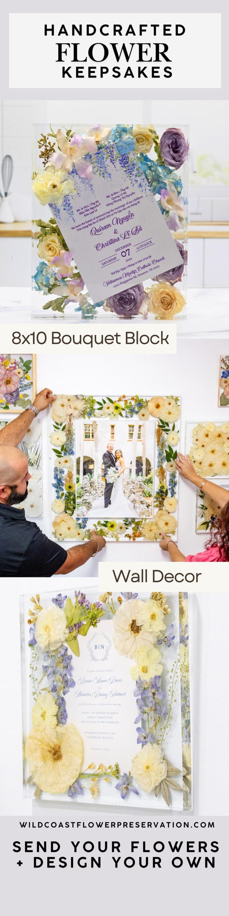 Pu&ograve; includere: Souvenir floreali fatti a mano con fiori conservati e inviti di nozze. L'immagine mostra un blocco bouquet 8x10 e decorazioni murali. Il testo include nomi, date e un indirizzo della chiesa.