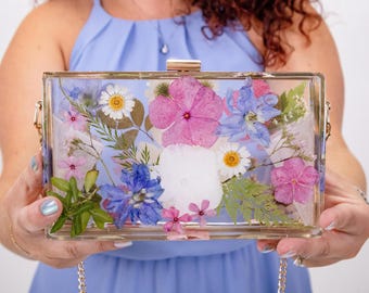 Custom Resin Clutch Purse with Pressed Flower Preservation Dried Flower Handbag Handmade Floral Accessory for Her Bouquet Preserved in Epoxy