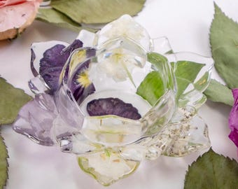 Preserved Flower Lotus Ring Holder Bridal Bouquet Preservation Keepsake Tealight Resin Jewelry Bowl Bridal Shower Wedding Gift Ring Dish