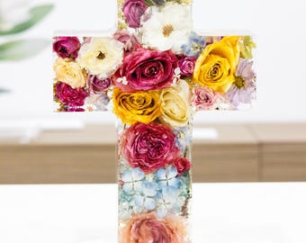 Resin Memorial Cross 12" with Whole Funeral Flowers, Bouquet Preservation Keepsake