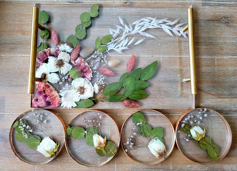 Wedding Flower Preservation Resin Flower Tray and Coasters Bridal Bouquet Preservation Serving Set Preserved Flower Resin Tray with Coasters