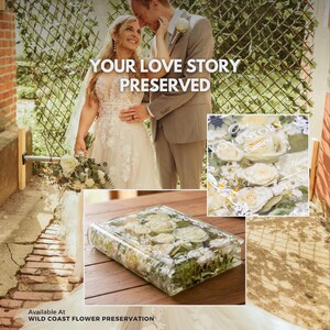 May include: A rectangular clear resin block containing preserved white roses and greenery. The block features white cursive text reading Our Love Story and names with a date. The text Your Love Story Preserved is overlaid on a wedding photo.