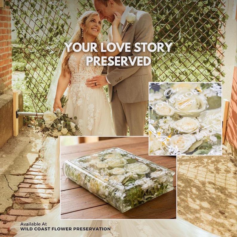 May include: A rectangular clear resin block containing preserved white roses and greenery. The block features white cursive text reading Our Love Story and names with a date. The text Your Love Story Preserved is overlaid on a wedding photo.