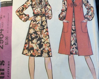 Vintage 1970 pattern McCalls 2963.  Size 18. Step by step pattern .  Quick and Easy.  Dress and vest