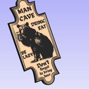 May include: Wooden sign with a bear illustration holding a beer mug. The sign reads "Man Cave Drink Eat Be Lazy Don't forget to bring beer" in a vintage style. The sign has a light brown background and a black border.
