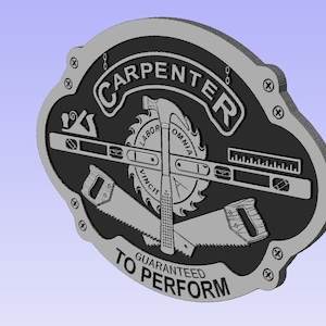 May include: A gray and black carpenter's emblem with the word "CARPENTER" at the top. The emblem features a saw, hammer, level, and ruler. The text "LABOR OMNIA VINCIT" is in the center, and "GUARANTEED TO PERFORM" is at the bottom.