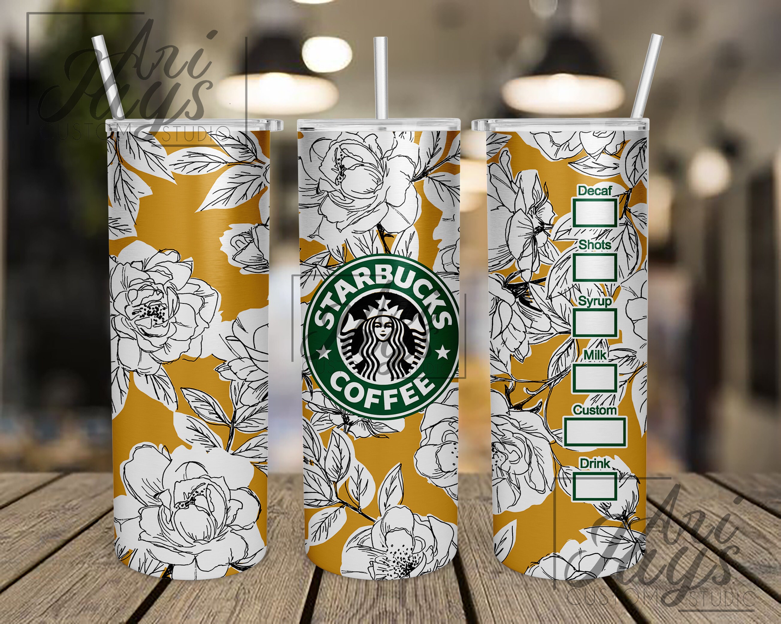 Starbucks Floral Yellow , black and yellow Sublimation Tumbler Design…